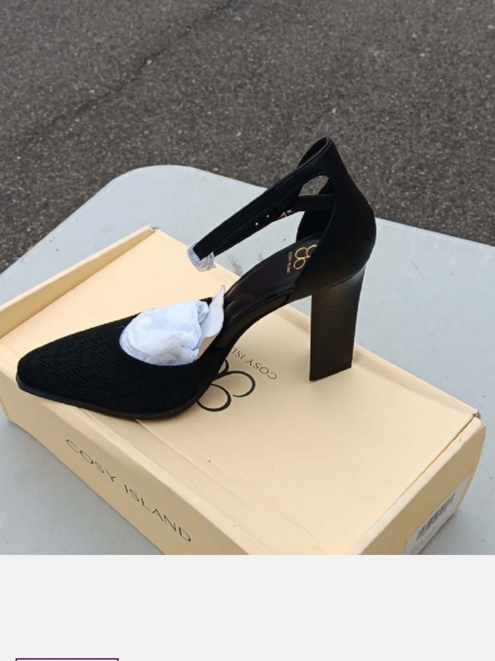 Cozy Island Black Pointed Block Heel Pump with Ankle Strap